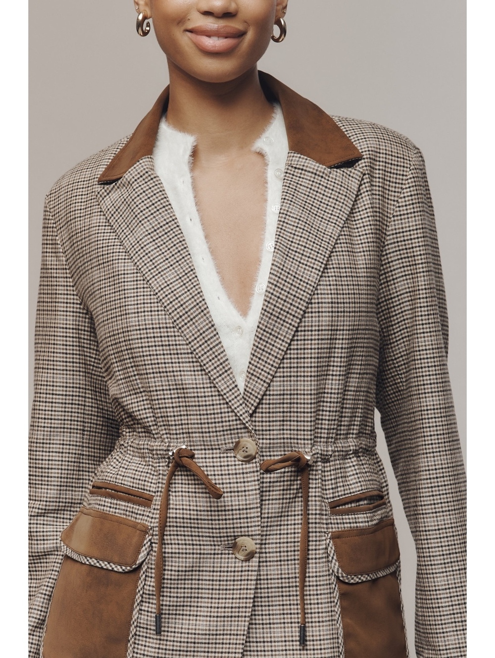 Anthropologie Maeve Cinch Waist Blazer Brown Plaid Faux Leather Trim Size S
